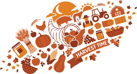 Fototapeta premium Harvest Time Graphic Featuring Farm Produce and Agricultural Icons