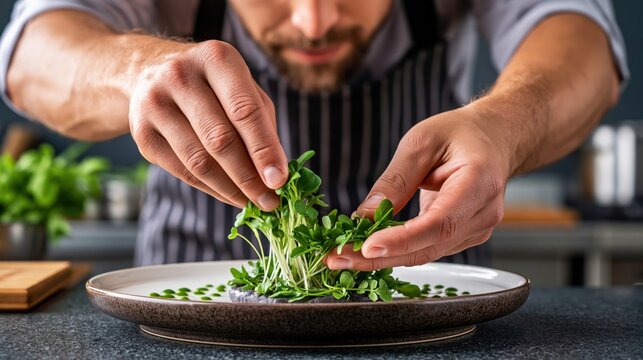 Chef hands plating micro herbs on ceramic dish with dark background