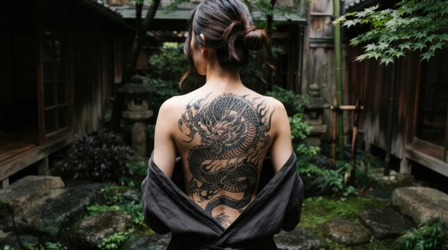 Woman with large Japanese dragon tattoo on her back in traditional garden