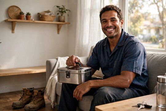 Homem brasileiro feliz segurando caixa de presente no escrit&oacute;rio de casa