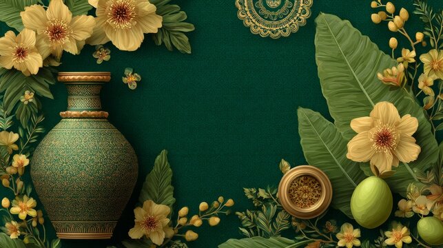 Traditional Indian festive pot surrounded by yellow flowers and decorative ornaments on dark green background, cultural celebration, elegant festival decor, Indian tradition.