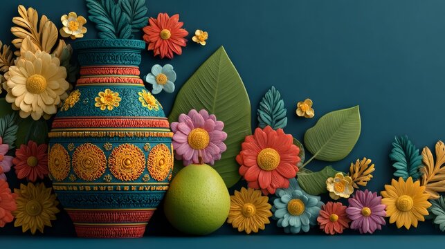 Decorative Indian pots, flowers and colorful festive ornaments arranged on dark teal, traditional festival decor, vibrant cultural design, joyful celebration, Indian holiday.