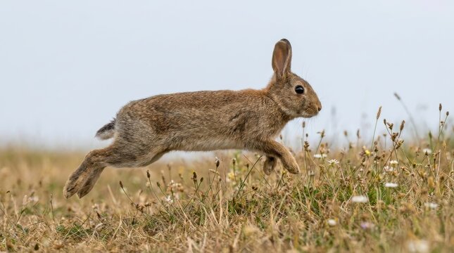 Wild rabbit running and jumping in a meadow field
