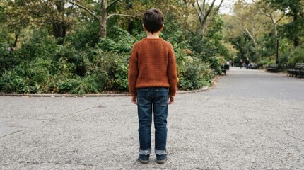 Obraz premium Young boy standing alone facing away in a park pathway