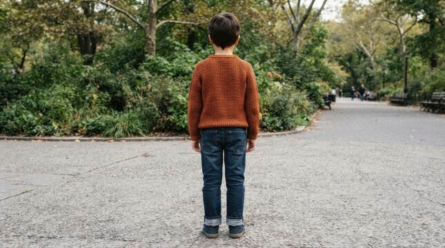 Young boy standing alone facing away in a park pathway
