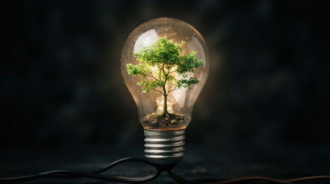 Green tree growing inside a glowing light bulb symbolizing eco sustainability