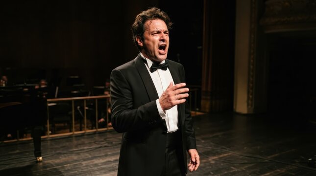 Opera singer performing on stage wearing a tuxedo