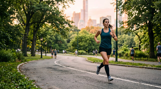 Urban Runner's Serenity: A fit woman enjoys a solo jog through a verdant park, with the distant city skyline peeking through the trees, embodying a peaceful escape from the urban hustle.