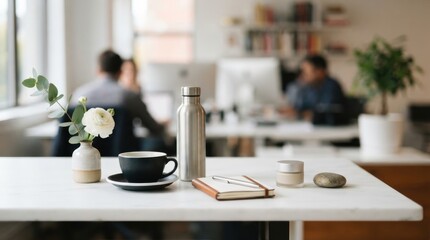 Fototapeta premium Minimalist office desk setup with coffee cup and notebook in workspace
