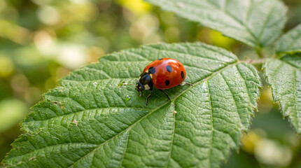 Fototapeta premium Ladybug on Leaf: A close-up view of a vibrant red ladybug with black spots resting on a textured green leaf, with a softly blurred natural background.