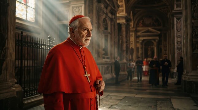 Elderly cardinal in red vestments holding rosary inside grand cathedral