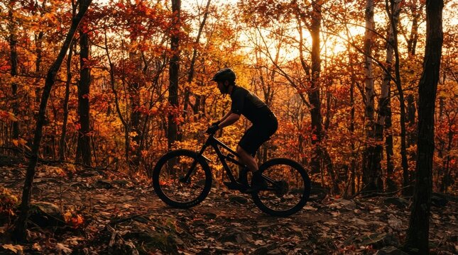 Mountain biker riding on a forest trail in autumn sunset
