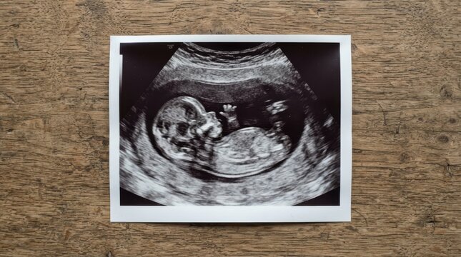 Baby ultrasound scan picture on wooden background