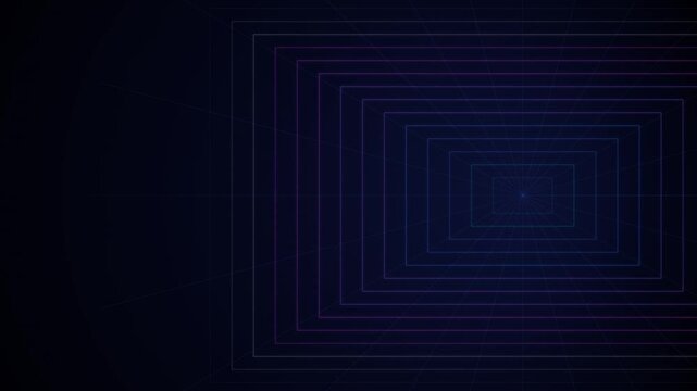 Abstract dark blue background with glowing neon rectangle lines forming a digital tunnel perspective for modern technology design