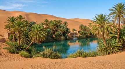 Fototapeta premium Desert oasis with palm trees and a pond surrounded by sand dunes