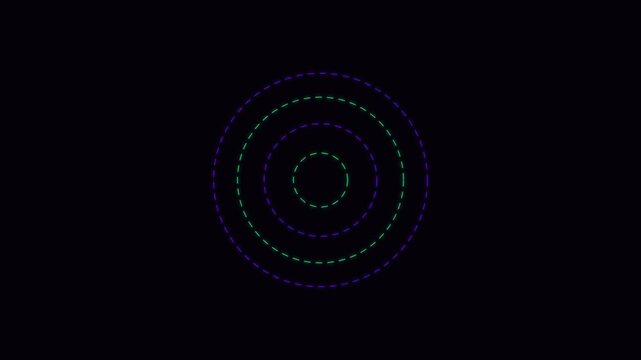 Abstract neon glowing dashed circles on dark background representing radar or signal wave technology concept