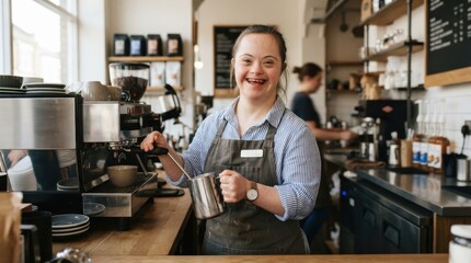 Fototapeta premium Woman with Down syndrome working as a barista in a coffee shop