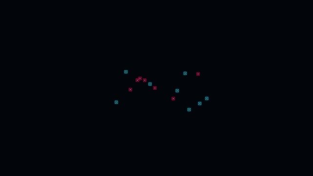 Abstract constellation pattern made of small glowing blue and red square icons on a dark black background
