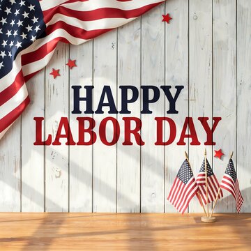 Happy Labor Day greeting on white wood background, American flag and stars patriotic celebration, US holiday banner with red and blue typography, rustic wooden texture with small flags
