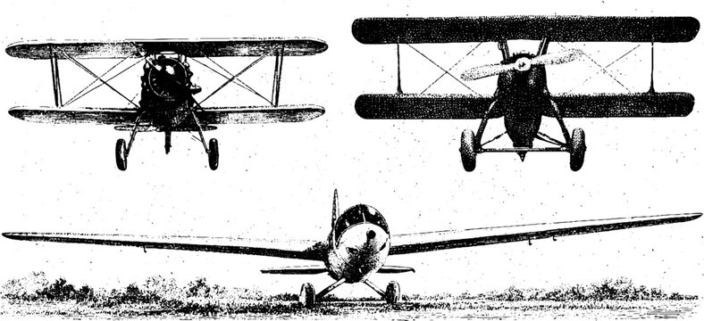 Black and white vintage biplane and monoplane illustrations set of three isolated aircraft views for aviation poster background and historical design