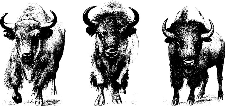 Black and white frontal bison trio drawings set for wildlife design, poster, branding and western decor backgrounds