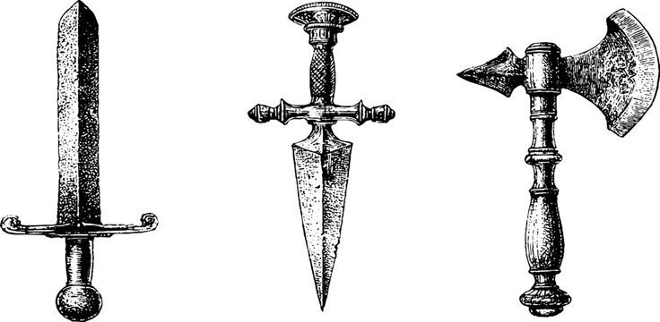 Set of three black and white bronze weapon illustrations of sword dagger and battle axe for medieval banner and game design