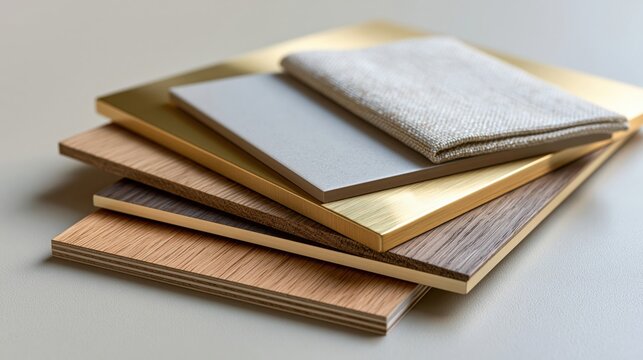 Layered material samples with wood grain, brushed gold, and pale fabric on neutral surface