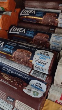 ITABIRA, BRAZIL - AUGUST 26, 2026: Linea whole grain and low sodium healthy cookies on supermarket shelf