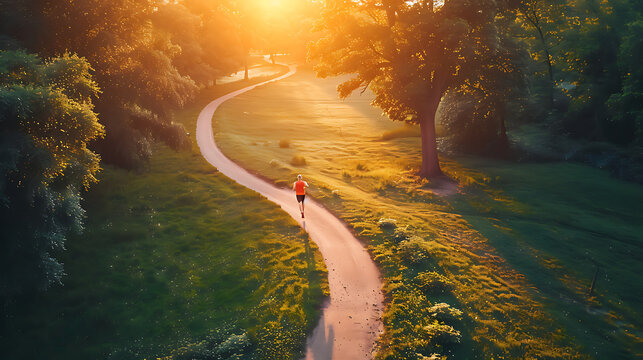 Warm golden light illuminates the runner's face and body, while motion blur on the arms and legs creates a sense of speed and energy.