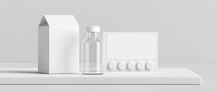 Minimal pharmaceutical packaging arrangement with unlabeled bottle and blister pack on white surface