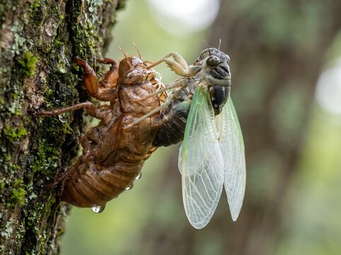 cicadas emerging from its molt meta morphosing