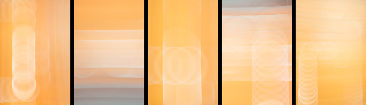 Abstract glass refraction backgrounds set, warm orange fluid bokeh textures collage, vertical warm geometric light leaks design