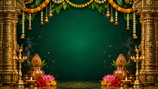 Golden Temple Pillars With Festive Floral Garlands