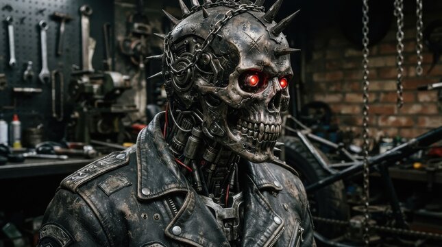 Cyborg skull with red glowing eyes wearing leather jacket in workshop