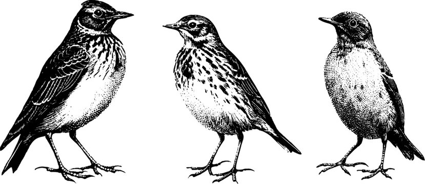 Set of three isolated black and white lark bird engravings for vintage naturalist plate design and decorative label elements