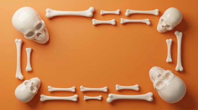 Top view of human skulls and bones arranged as a frame on an orange flat lay background