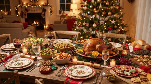 Festive Christmas dining table spread with roasted turkey and holiday decorations