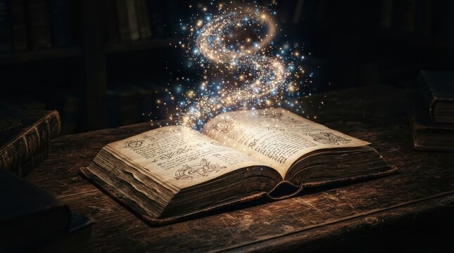 Open magic book with glowing sparkles on wooden table