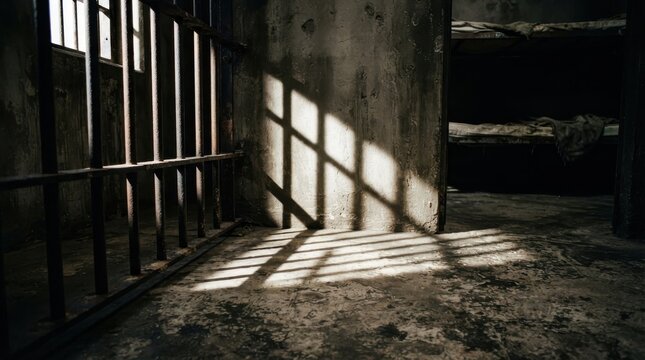 Sunlight casting shadows of prison bars on a concrete wall inside a dark cell