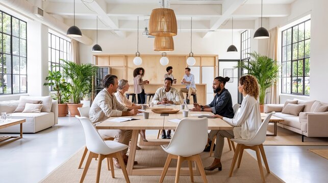 Team meeting around wood table in bright modern office with natural light and plants