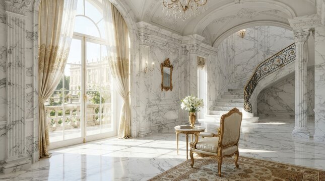 Luxurious classical interior with marble walls and grand staircase