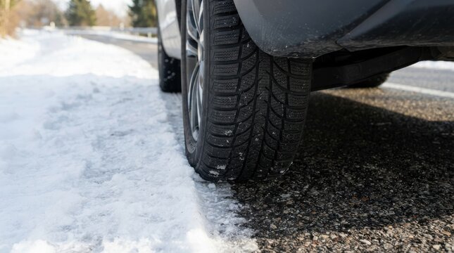 Car with winter tire driving on snowy road