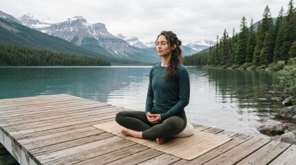 Fototapeta premium Woman meditating in lotus pose on wooden dock by mountain lake