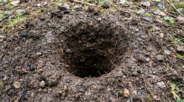 Deep hole dug in damp soil in the ground