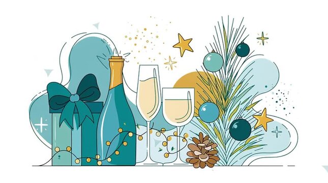 Beautiful design line art of a Christmas tree with balls, a bottle of champagne, a glass and a gift box