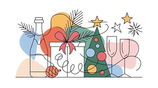 Beautiful design line art of a Christmas tree with balls, a bottle of champagne, a glass and a gift box