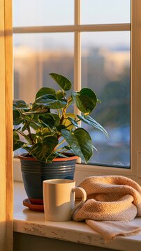 Potted plant and mug on sunlit windowsill with cozy knitted blanket