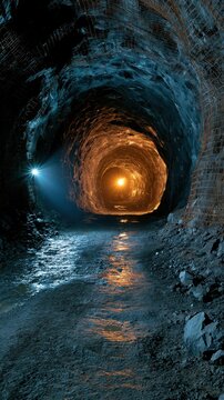 Underground mining tunnel with rock walls and bolt reinforcement illuminated by warm light at far end