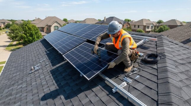Solar panel installation worker on residential rooftop