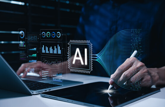 AI data analytics and predictive business intelligence concept. Businessman using laptop and dashboard, machine learning, automated insights, forecasting, performance monitoring, data driven decisions